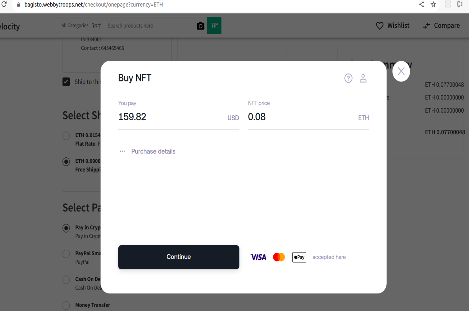 Show wert popup and place order